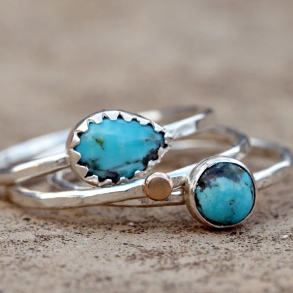 Stacking 3 Ring Set Vintage Silver Blue Stone - Picture 3 of 8